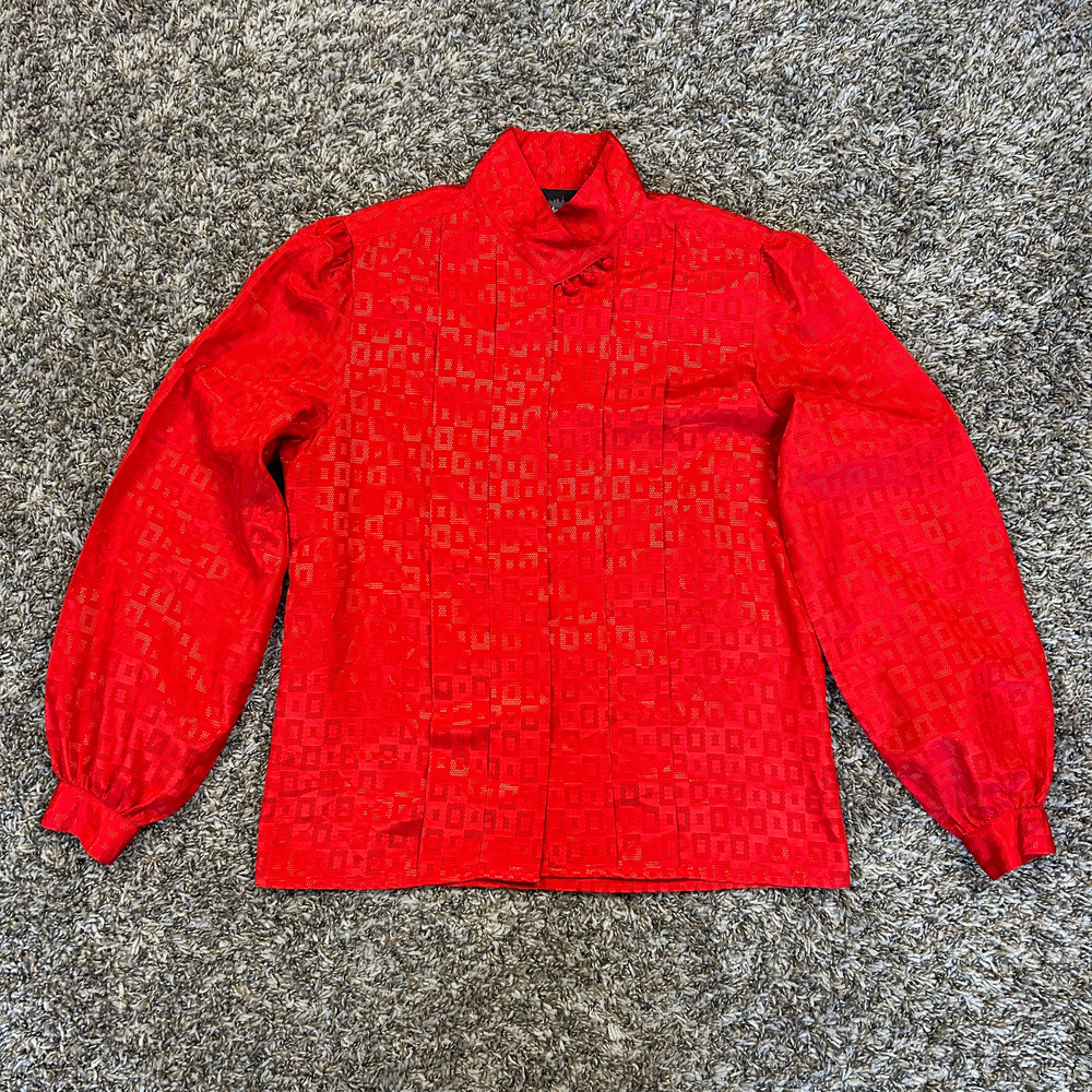 Vintage Blouse Top Size 6 Red Satin Jacquard Office Secretary Academia 90s 80s